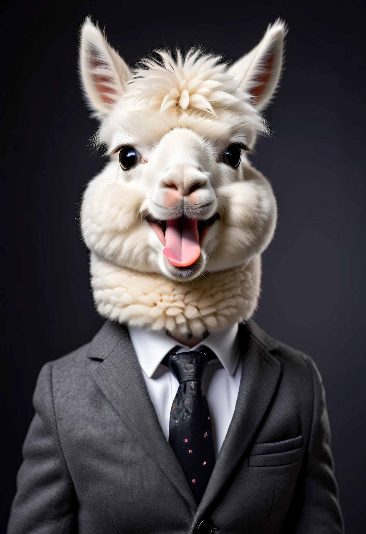 face close up photo of anthropomorphic cute white alpaca,(furry), dressed in a dark gray suit, (sticking out tongue:1.5),(happy smile:1.5),(Innocent), roomlighting, Cinematic, hdr, primitive, Intricate, High quality, smoothing tones, Intricate details, Low contrast,(viewed from side:2.0), (looking at viewer:1.2), simple background