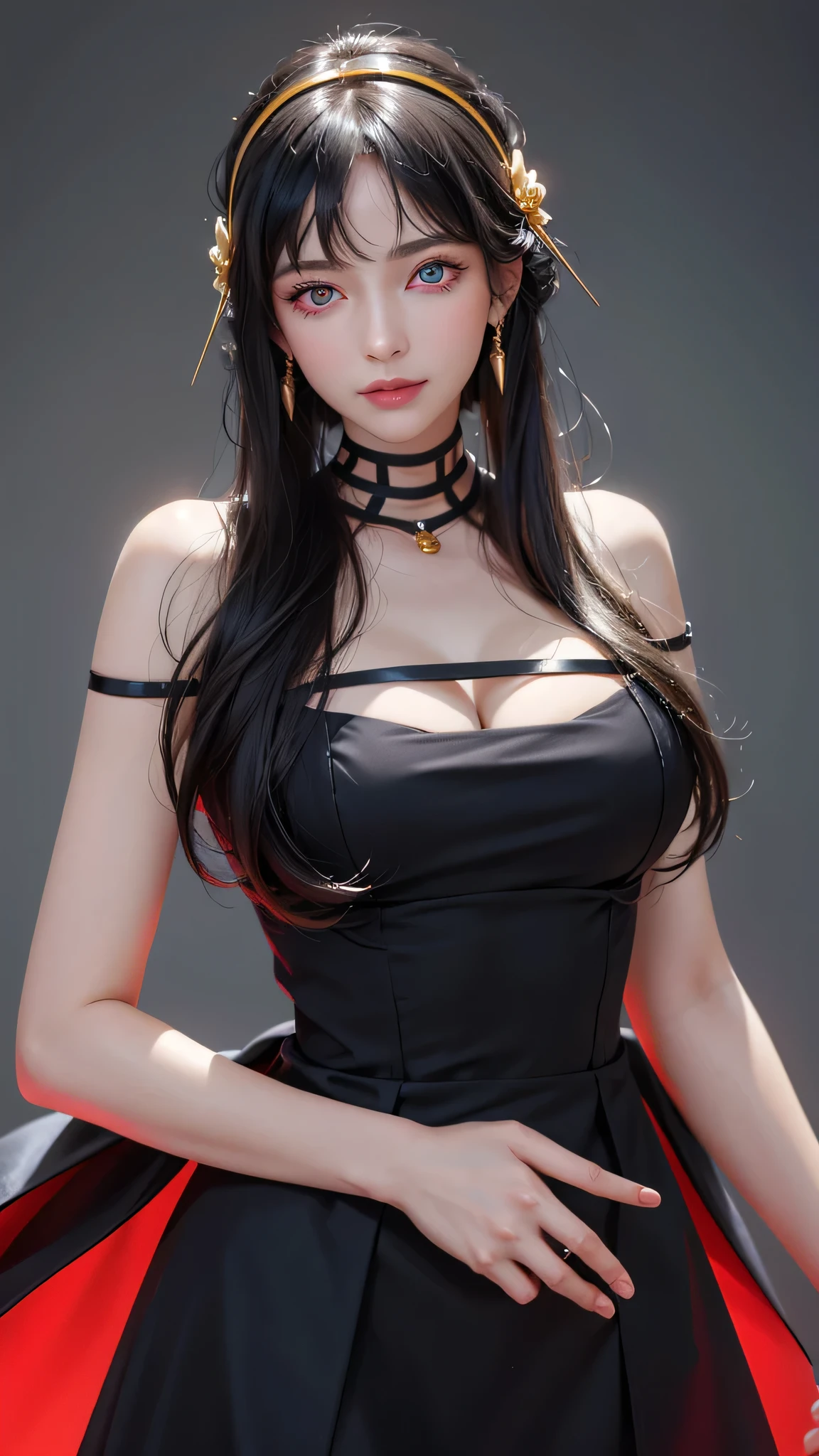 (masterpiece, best quality, glowing light, glistening, shiny skin, ultra detailed),(perfect face, detailed face, detailed eyes, red eyes, perfect hands,perfect fingers), (smile),(mature female:1.4),cowboy shot,thicc,
yor,long hair,((gradient hair)),multicolored eyes, gradient eyes, (glowing eyes:1.5), mascara, (fashion make up), parted lips, hairband, jewelry, earrings, hair ornament, hair flower, flower, gold hairband,dress, black dress,
((hands down)), standing, idle, straight face