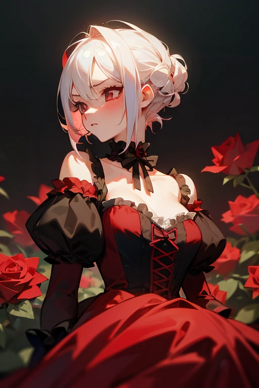 Short white hair, blush, one piece、Punk Fashion、Headbang 2.、Red clothes、Elegant ta、Victorian Maiden、Off the shoulder、background、A lot of red roses、