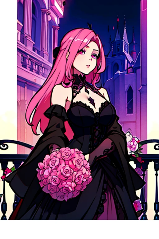 A pink haired female reaper with violet eyes and an hourglass figure in gothic ballgown is holding a bouquet of peonies on a balcony of a Gothic castle at nigh