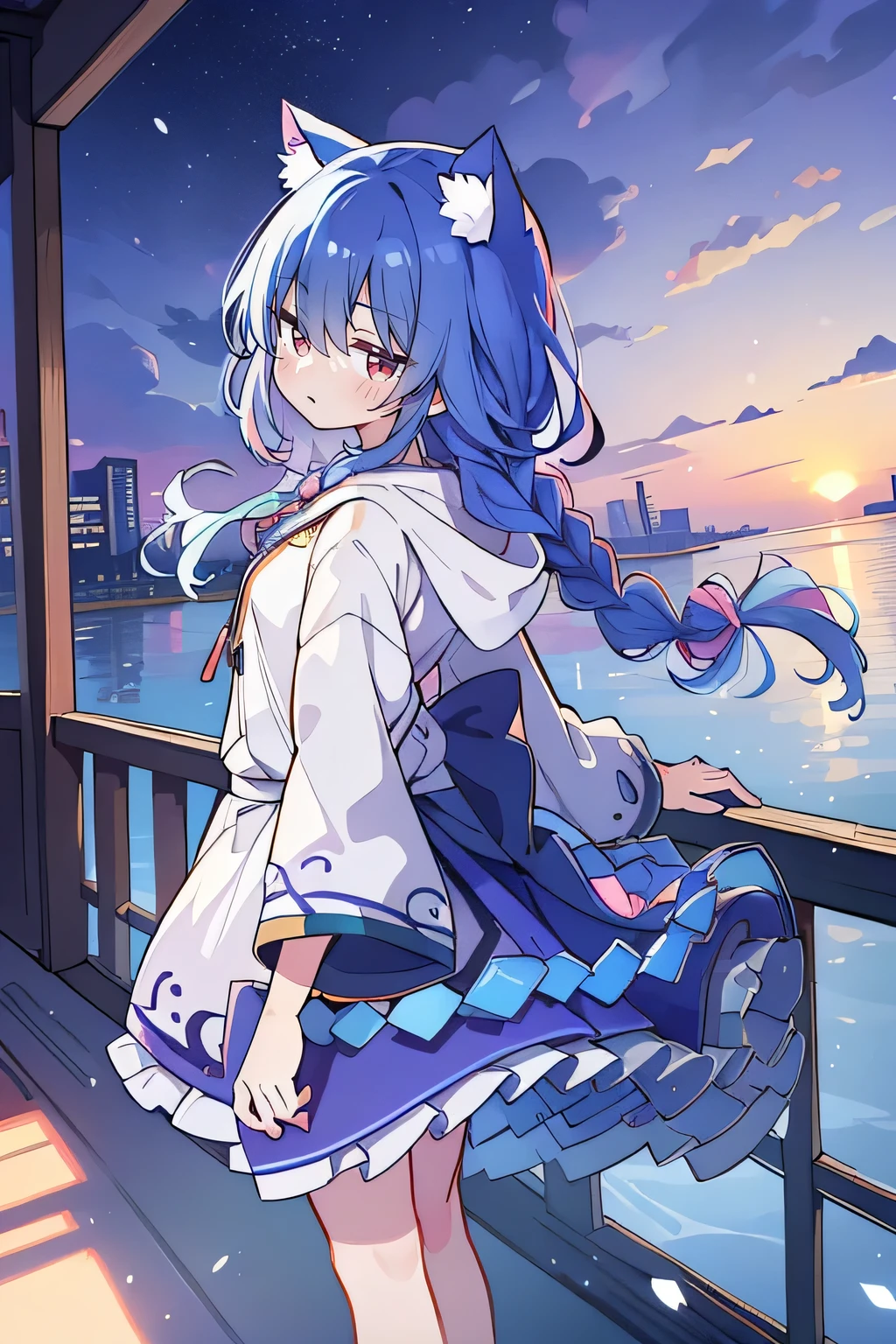 (masterpiece:1.2),Super detailed,lifelike,Expressive eyes,fair skin,perfect face shape,1 girl,
Japanese comics,Gorgeous blue hair,flowing blue hair,flowing clothes,Cat ears,Petals fall,beautiful lola,Baby Angel,sunrise,
Shaking head with one hand,Cross your legs,Gentle and peaceful background,The pavilion is cool and comfortable,smile, wearing hoodie, background of tokyo,back views,snowing, winter,seaside,wet clothes,A smile,A faint smile,fgo style,like \(destiny\), like Adult, hair length, underwear, masterpiece, Top quality, 1 Girl, looking at the audience,(((braid)))、shameful face、Embarrassed face、Long body、huge 、