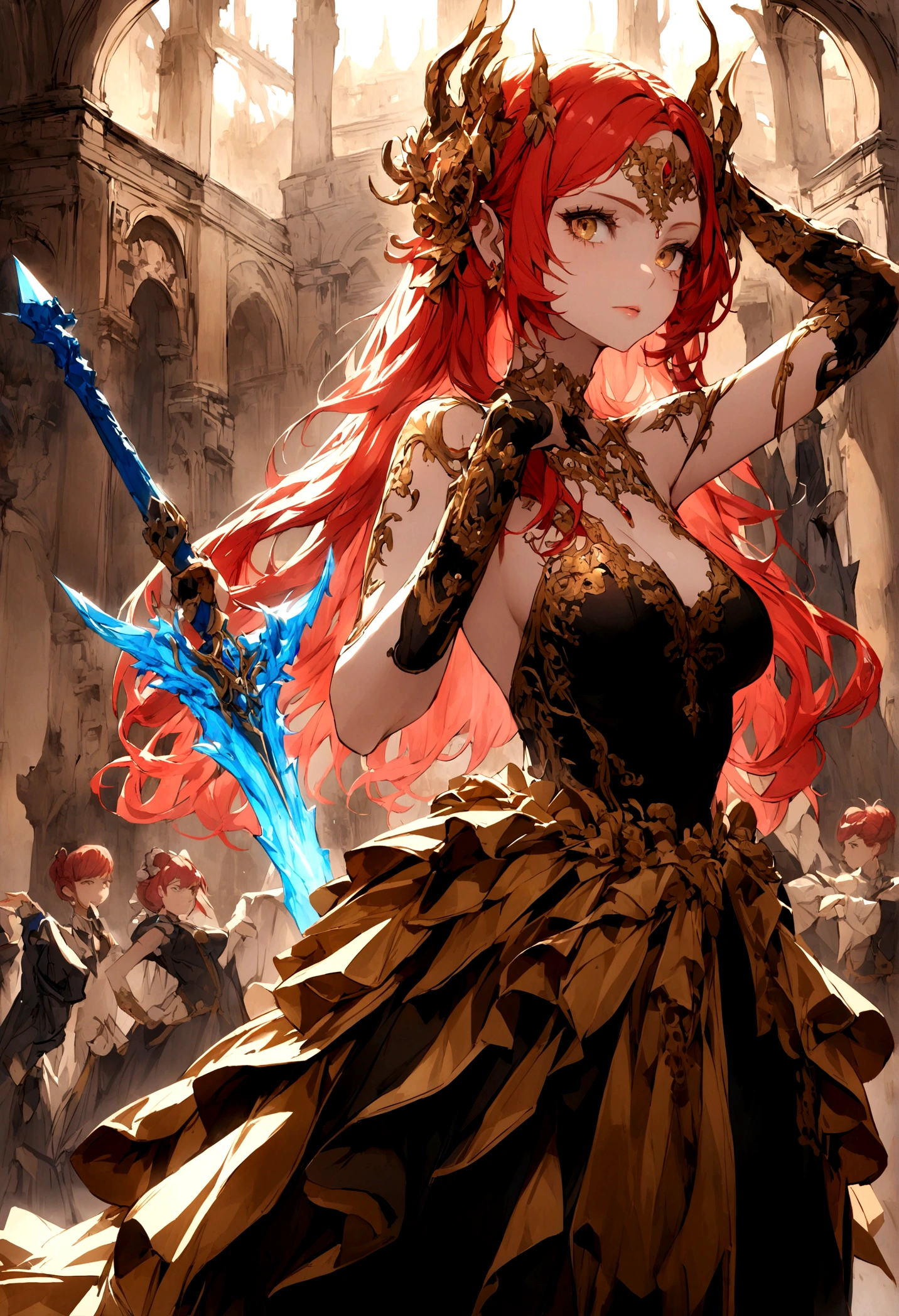 beautiful,red head, Dragon girl, black and gold dress, blue flaming sword, pose