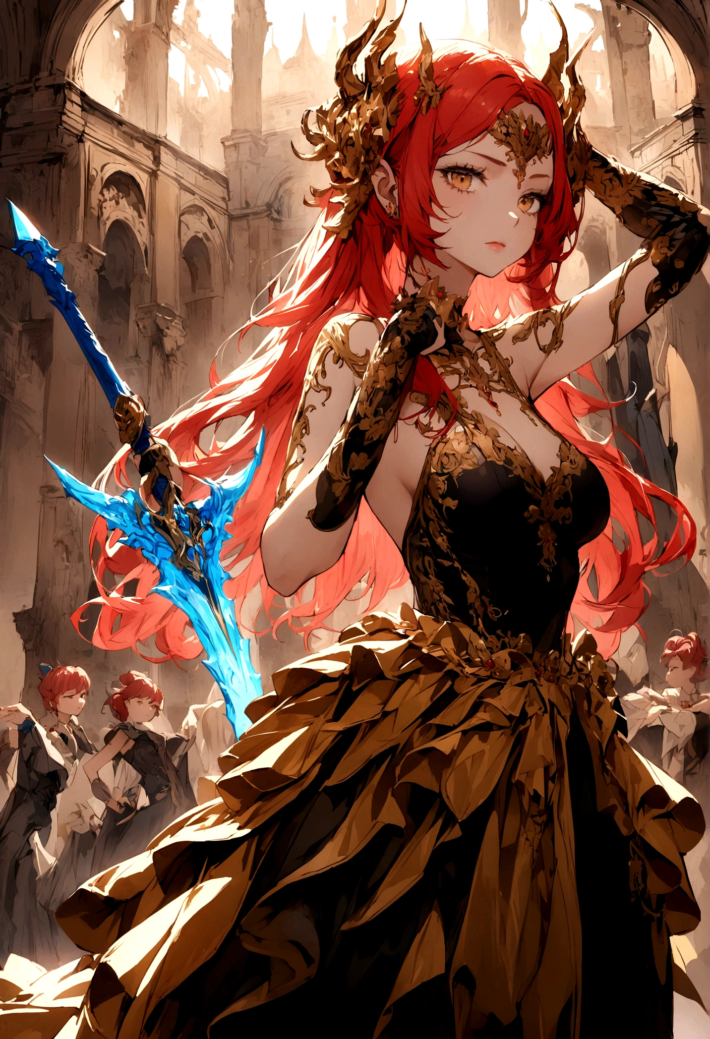 beautiful,red head, Dragon girl, black and gold dress, blue flaming sword, pose