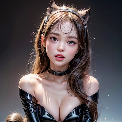 NSFW, 8k, High-level, absurd, masterpiece, best quality, primitive, very detailed CG, very detailed wallpaper, perfect lighting, Extremely detailed (((The personifying " Catwoman " as a ))), MysticSight, Tyndall effect, Tyndall scattering, Studio gray background with (many Dazzling RainbowColor particles BokeH:1.28), (RoundlyButts, ThighGap), (Exposed:0.4), (Assfocus with looking ahead), BREAK (NOGIZAKA face variations) Extremely Detailed very KAWAII face variations, perfect anatomy, Childish, captivating gaze, elaborate detailed Eyes with (sparkling highlights:1.28), long eyelashes、Glossy RED Lips with beautiful details, Coquettish tongue, Rosy cheeks, Radiant PearlSkin with clear transparency . { (Dynamic LifeLike expressions:1.4) | :d) }, (large eyes:-1) .