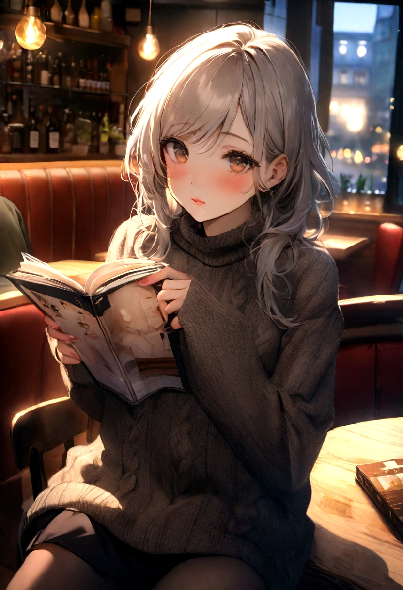 (Sharpness: 1.2), photo (Tout le corps) (American Apartment), attractive 25 year old, menu de lecture, sitting in a Parisian café, (beau visage: 1.1), Light brown eyes detailed, Delicious lips, (maquillage pour les yeux: 0.85), (seins moyens: 1.0), (corps ferme: 1.2), (cheveux noirs longs et doux: 1.2), (Longue frange:1.1),Resistant (mini jupe) plaid mini jupe, (Oversized Sweater), (moderate lighting: 1.2), profondeur de champ, Bokeh, 4k, hdr. Miss Univers, photo de couverture. ((peau avec de petites taches et rides), , (moody lighting: 1.2), profondeur de champ, Bokeh, 4k, hdr