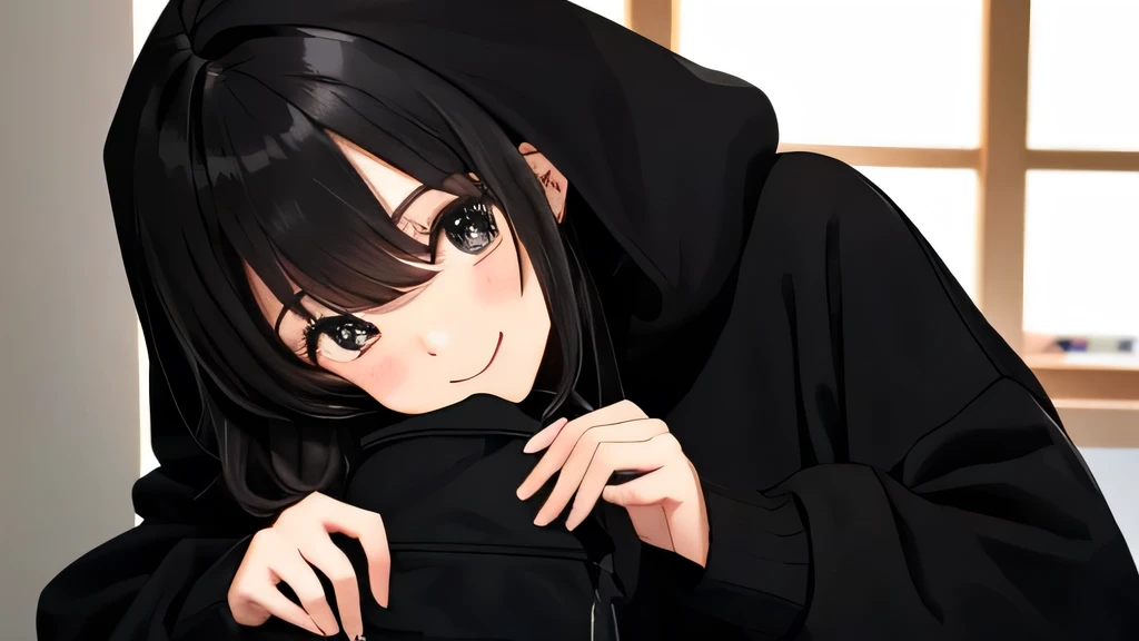 Oversized black sweatshirt、Only the fingertips are sticking out from the sleeve、Cute shy smile、In my boyfriend's room、Only a dim candle light、Light brown long hair、