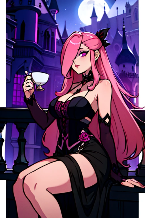 A pink haired female reaper with violet eyes and an hourglass figure in gothic ballgown is drinking tea on a balcony of Gothic castle at night