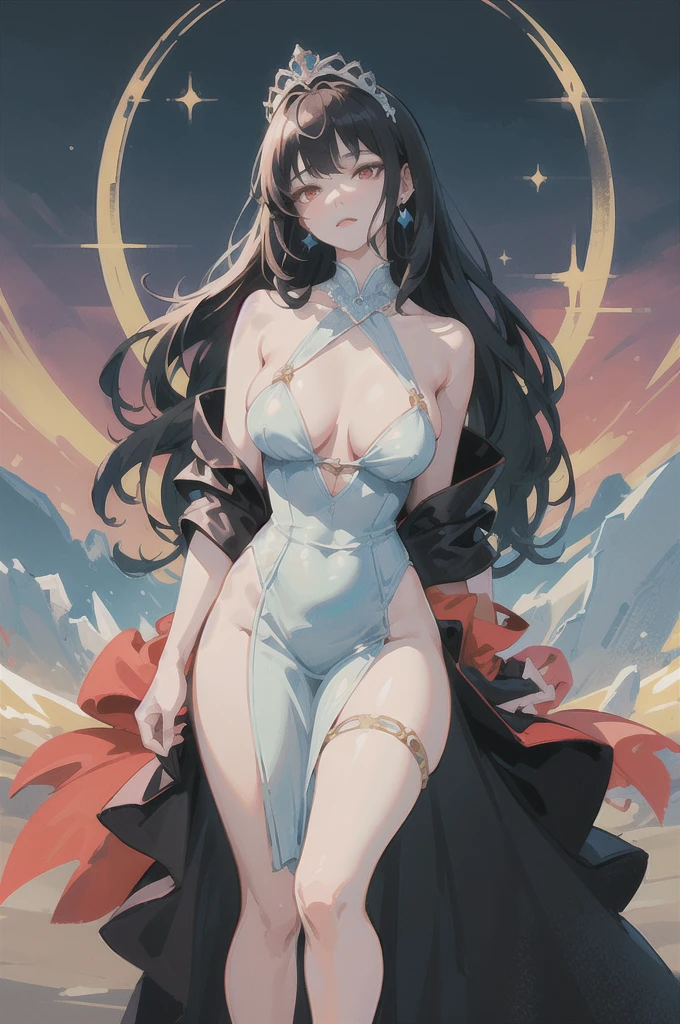 (((bright colors))),(ultra-detailed:1.2),perfect lighting,well-structured anatomy,(((perfect eyes))),perfect face,((detailed skin)),(1 adult woman),(red eyes ), long hair below the knees, black hair, straight hair, princess dress, elegant dress, queen's crown, wide hips, princess pose, wide thighs, earrings, a black castle in the background, serious expression.