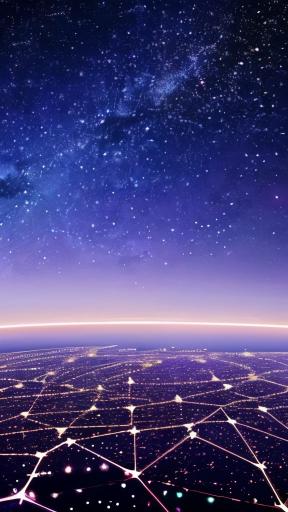 starry sky with the constellations of the zodiac, shades of purple as if they were nebulae, vast space, cyberpunk city at the bottom,  
