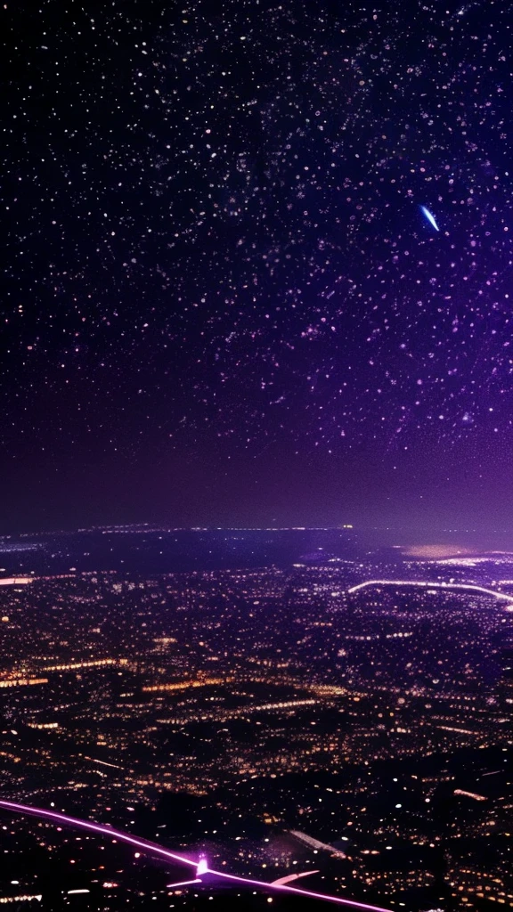 starry sky with the constellations of the zodiac, shades of purple as if they were nebulae, vast space, cyberpunk city at the bottom,