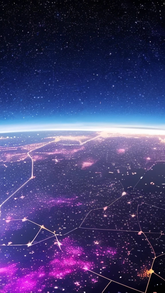 starry sky with the constellations of the zodiac, shades of purple as if they were nebulae, vast space, cyberpunk city at the bottom,