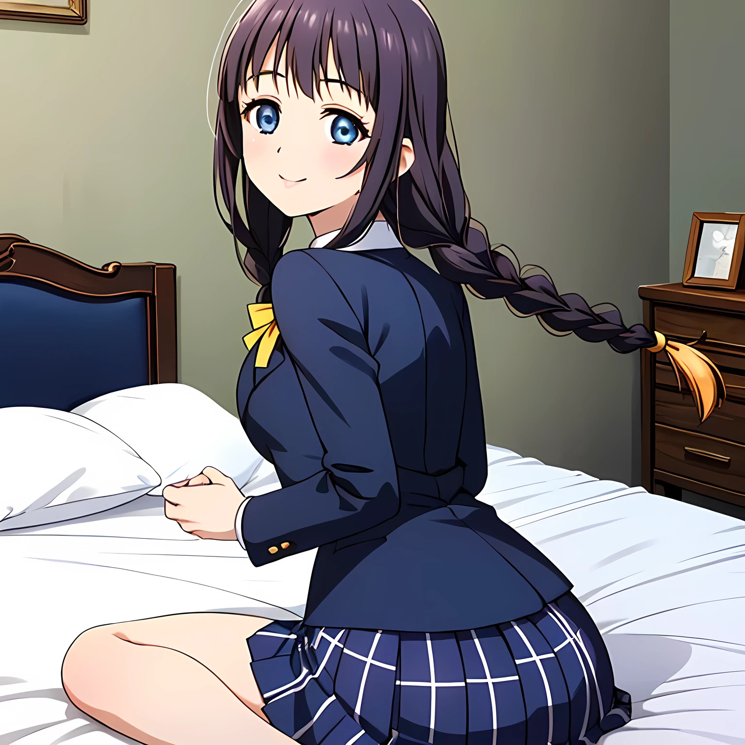 (highest quality, masterpiece:1.2), highest quality, High resolution, 1080p, 8K, Height: 158cm, High-definition anime-style CG, ((The game heroine is a very intelligent, very noble, pretty and elegant beautiful girl sitting on the bed.、Looking back and smiling gently)), He tries to hide his shocked mouth with his hands., A face that everyone loves, Glossy lips, Even bangs, Double, Long eyelashes on both the top and bottom, Wide-open blue eyes, detailed in detail, The very large red shiny wide ribbon bowtie is very cute., ((Black Hair)), ((long twin braids)), (((A long, neat, dark navy blue checked pleated skirt))), (((Dark blue winter long sleeve blazer))), How to wear a neat uniform, Extremely lustrous, shiny game heroine lips, Mouth open, Ribbon in hair, Tight waist, slender, The ribbon is big and very pretty., Beautiful hair like a hair model, Transparent Background