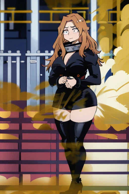 HD, high quality, high resolution, ultrahd, camie utsushimi , 1female, wearing black spandex, default hair, blonde hair, tall body, cleavage, massive fart, yellow smoke, embarrassed, blushed, sigh, beautiful lips, clenching teeth