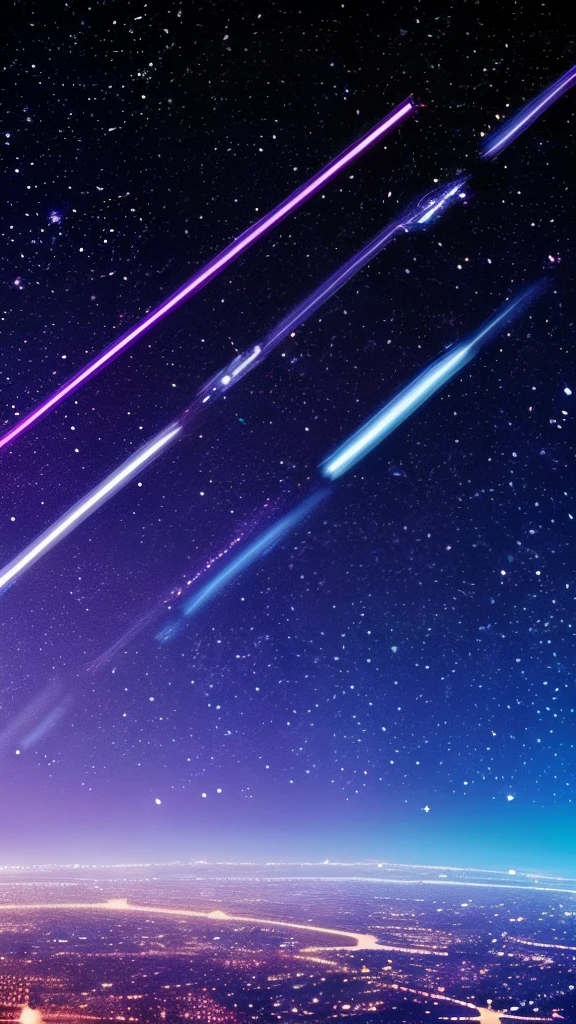 starry sky with the constellations of the zodiac, shades of purple as if they were nebulae, vast space, cyberpunk city at the bottom,