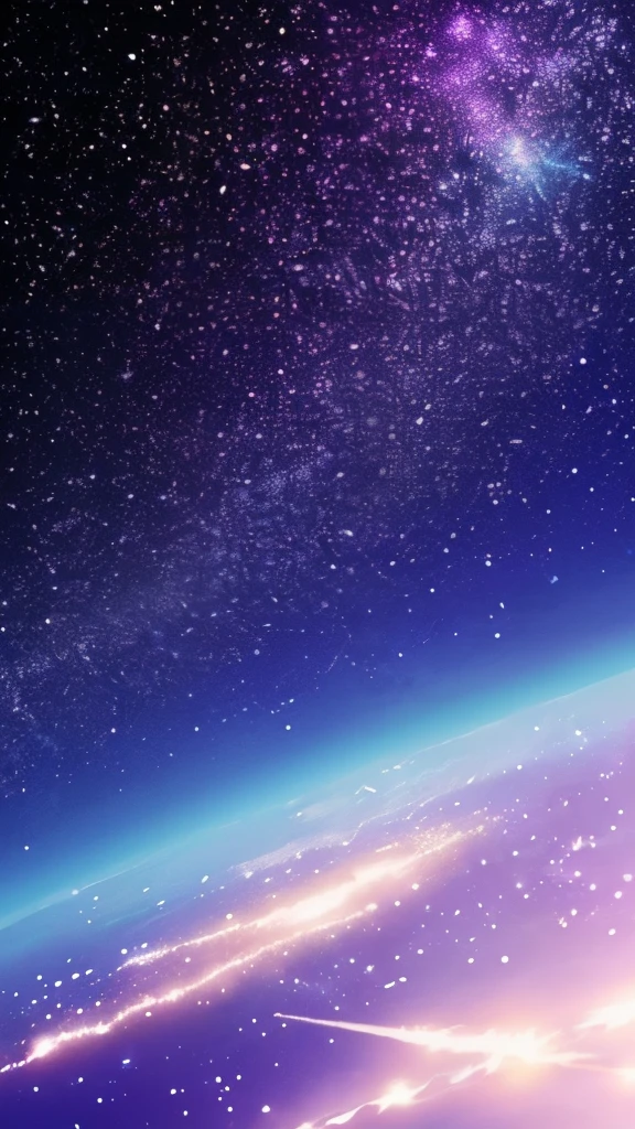 starry sky with the constellations of the zodiac, shades of purple as if they were nebulae, vast space, cyberpunk city at the bottom,