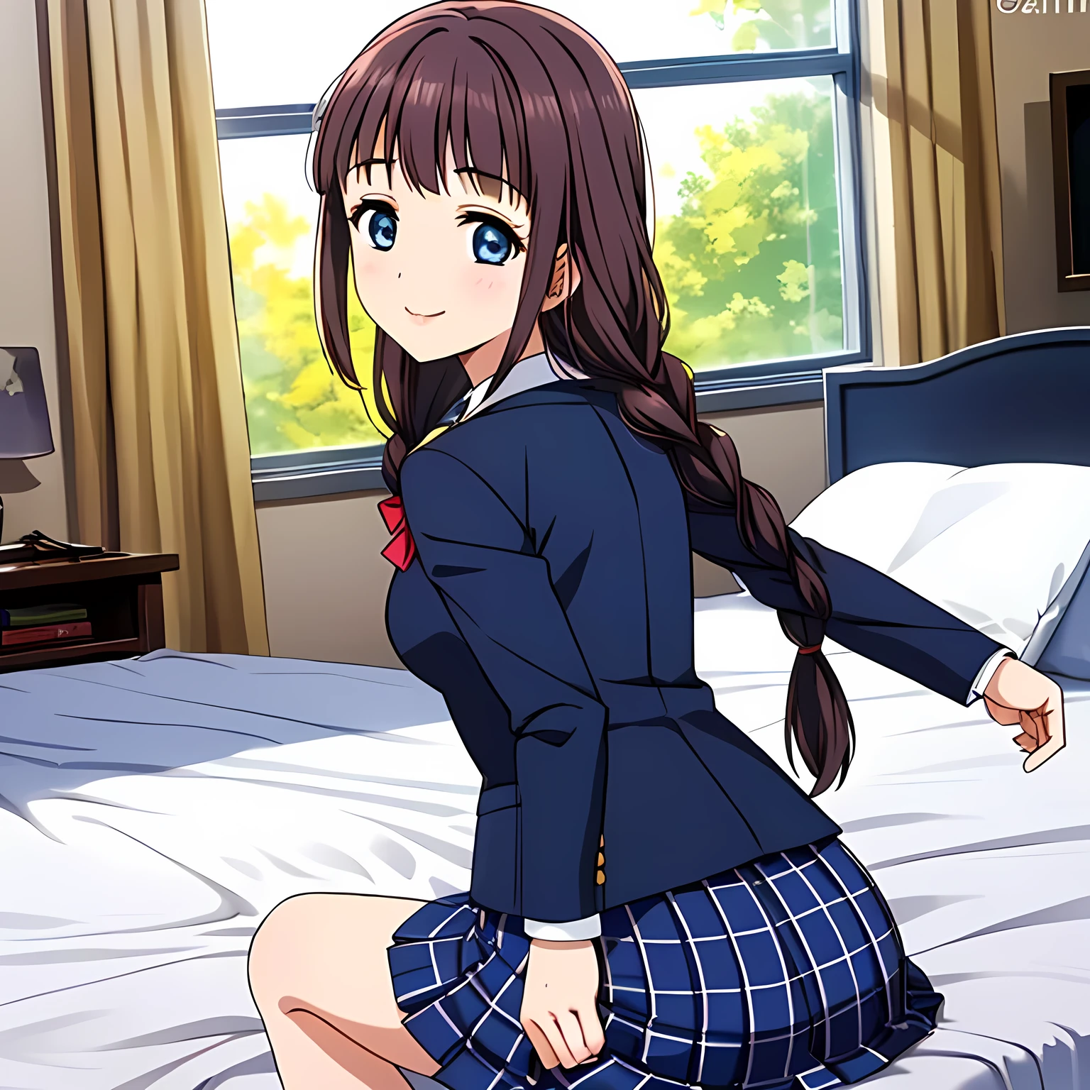(highest quality, masterpiece:1.2), highest quality, High resolution, 1080p, 8K, Height: 158cm, High-definition anime-style CG, ((The game heroine is a very intelligent, very noble, pretty and elegant beautiful girl sitting on the bed.、Looking back and smiling gently)), He tries to hide his shocked mouth with his hands., A face that everyone loves, Glossy lips, Even bangs, Double, Long eyelashes on both the top and bottom, Wide-open blue eyes, detailed in detail, The very large red shiny wide ribbon bowtie is very cute., ((Black Hair)), ((long twin braids)), (((A long, neat, dark navy blue checked pleated skirt))), (((Dark blue winter long sleeve blazer))), How to wear a neat uniform, Extremely lustrous, shiny game heroine lips, Mouth open, Ribbon in hair, Tight waist, slender, The ribbon is big and very pretty., Beautiful hair like a hair model, Transparent Background