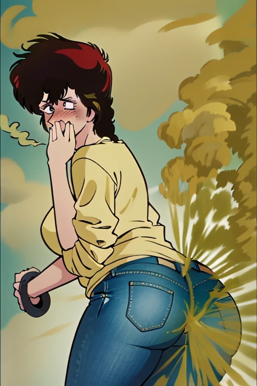 HD, high quality, high resolution, ultrahd,Kaori Makimura, 1female, wearing casual outfit, red tshirt, jeans, default hair, short brown hair, tall body, big body, big butt, massive fart, velocity, yellow smoke, clenching teeth, wide eyes, leaning, blush, embarrassed