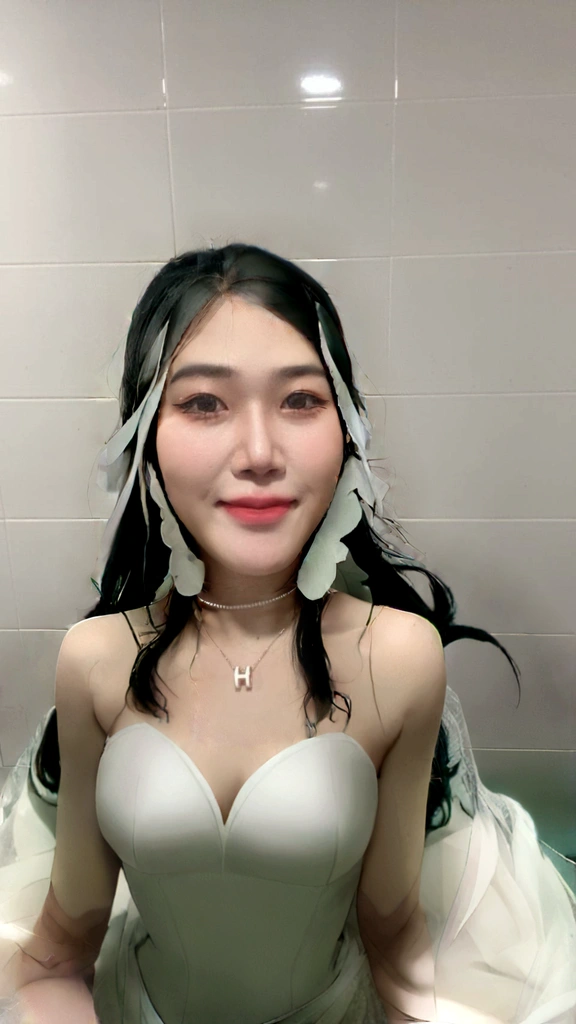 1 woman wearing a white wedding dress
