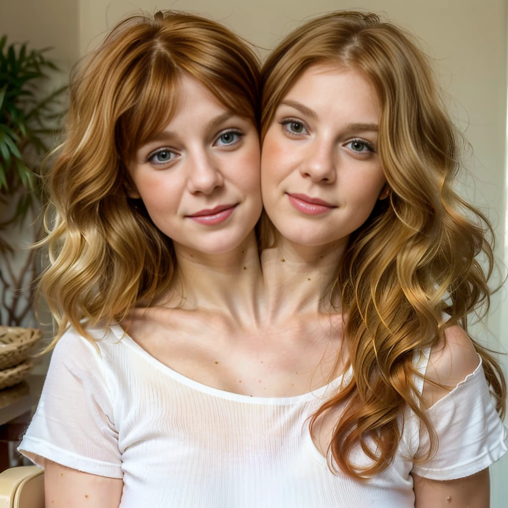 2heads, (one head 12 year old girl:1.5), (one head 30 hear old woman:1.5), (a blonde and a redhead:1.5)
