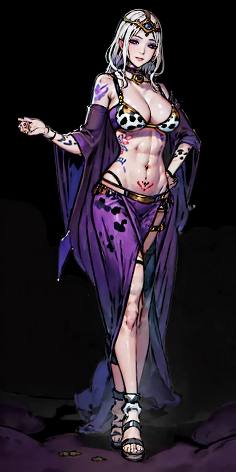 ((plain background:1.2)) ((1girl)) full body, standing, elf, mature, detailed happy face, purple eyes, blonde hair, black and white bikini (cow print bikini) (detached sleeves and stockings like ciw print) abs, big knockers, golden chain collar, stomach tattoo (red tattoo under belly button) (navel) whole body, 1solo (girl), slave fighter, loincloth standing, hands on hips, metal sandals, choker, big belt, looking to viewer, view from below, cow boy shot, far shoot, feet together, bracers, tiara
