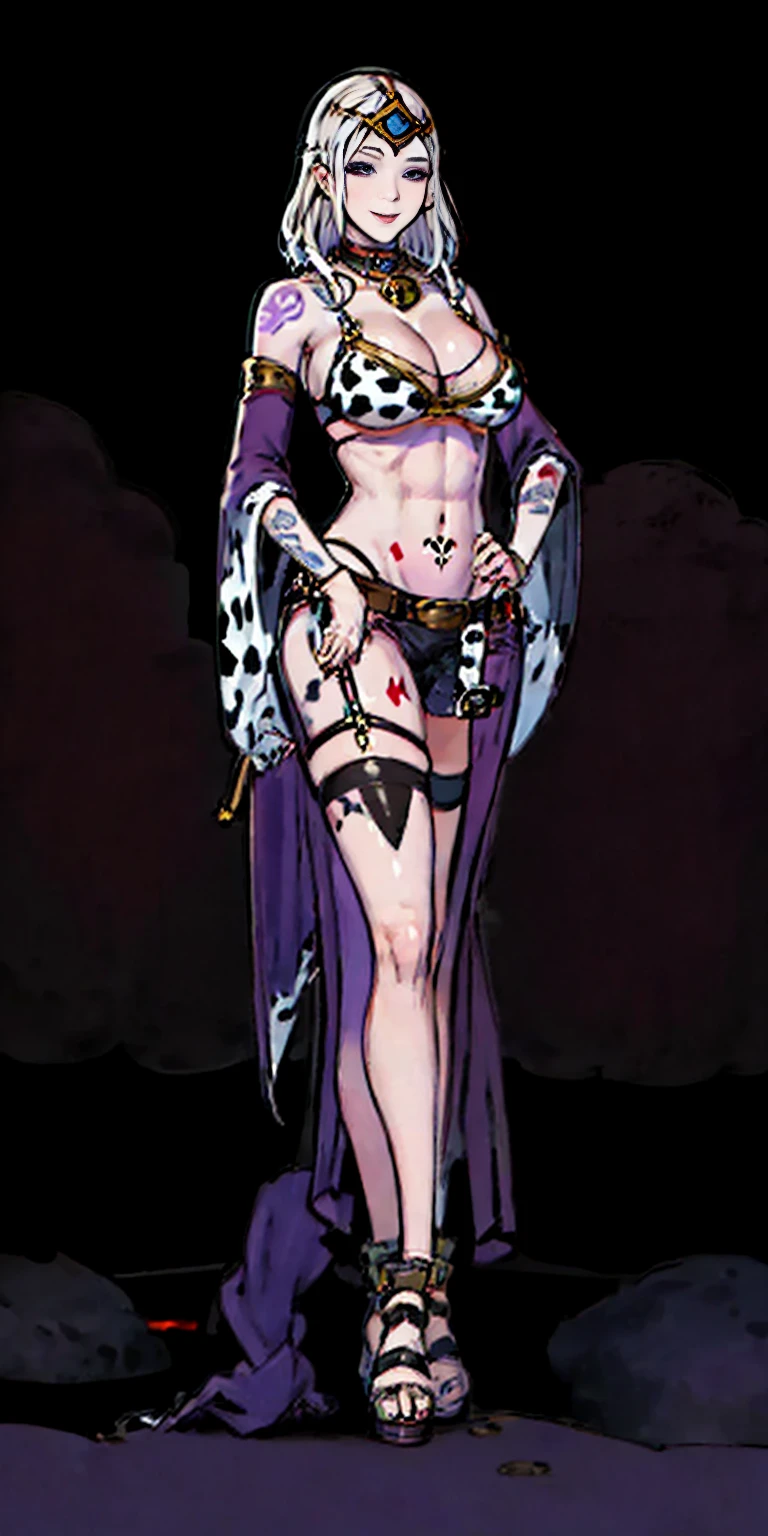 ((plain background:1.2)) ((1girl)) full body, standing, elf, mature, detailed happy face, purple eyes, blonde hair, black and white bikini (cow print bikini) (detached sleeves and stockings like ciw print) abs, big knockers, golden chain collar, stomach tattoo (red tattoo under belly button) (navel) whole body, 1solo (girl), slave fighter, loincloth standing, hands on hips, metal sandals, choker, big belt, looking to viewer, view from below, cow boy shot, far shoot, feet together, bracers, tiara