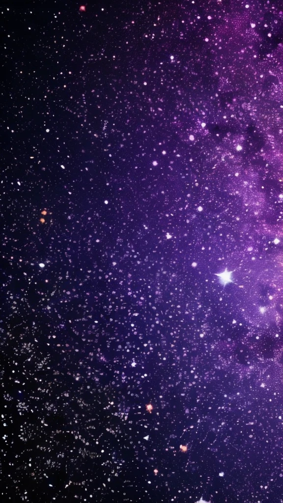starry sky with the constellations of the zodiac, shades of purple as if they were nebulae, vast space, cyberpunk city at the bottom,