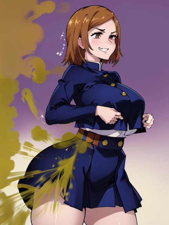 nobarakugisaki, Kugisaki Nobara, wearing default outfit, dark blue outfit, fine details, big breasts, bending forward, farting, massive fart, yellow smoke, leaning, clenching teeth, smiling, wide eyes