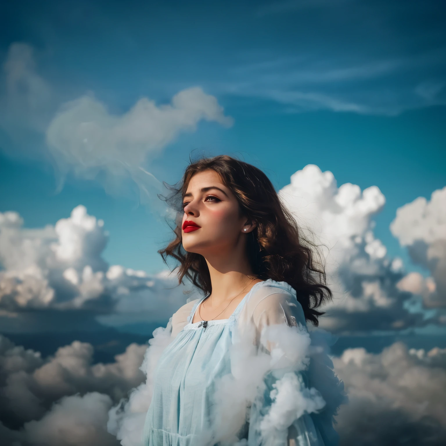 there is a woman with a flower in her hair and a cloud in her face, monia merlo, in clouds of smoke, inspired by Elsa Bleda, by irakli nadar, beautiful surreal portrait, inspired by Oleg Oprisco, girl clouds, floating in smoke, cloud goddess, inspired by irakli nadar, surreal portrait photography, atmospheric portrait