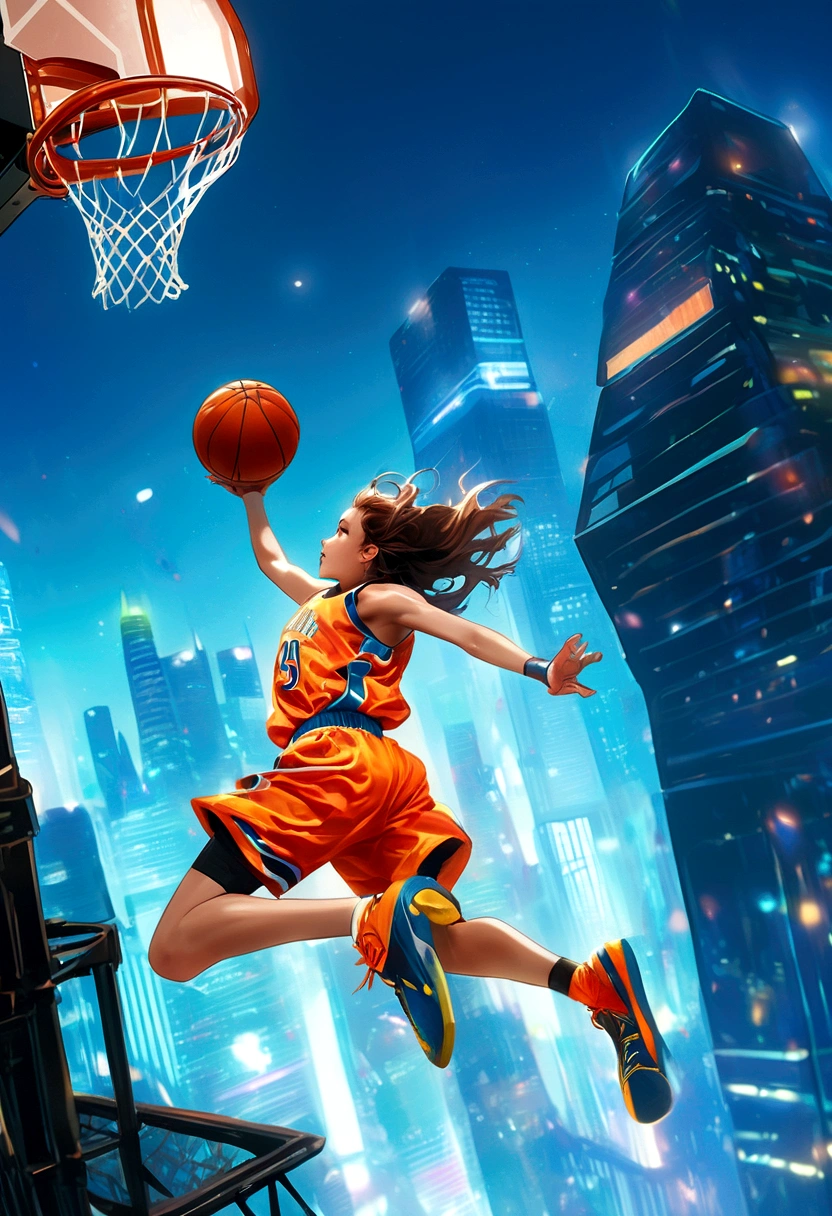 (masterpiece), (highest quality),、A female basketball player jumps from the ground to a basketball goal on the top floor of a skyscraper and hangs from the goal after making a dunk shot、、A small view of the city below、Dynamic Movement、Shooting from above、City of night、looking at the camera