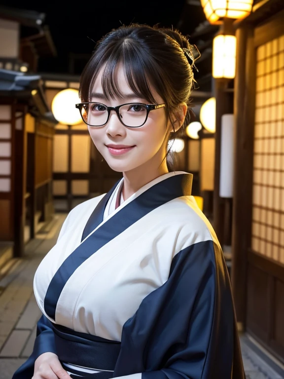 (Super beautiful woman in kimono)、((highest quality、8K masterpiece:1.3))、sharp focus:1.2、(super beautiful face:1.0)、(shiny skin:1.0)、realistic pictures、black hair、video lighting、High resolution eyes and face、video lighting、japanese actress、from the front、big breasts、with a happy smile、Slender abs beauty、whole body、wearing a kimono、in Kyoto、luxury obi、In Kyoto at night、wearing glasses with no edge