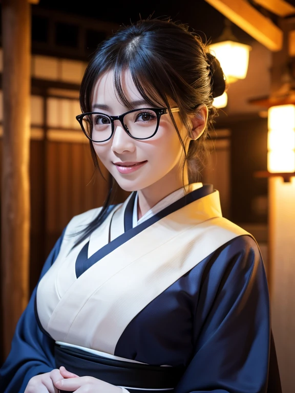 (Super beautiful woman in kimono)、((highest quality、8K masterpiece:1.3))、sharp focus:1.2、(super beautiful face:1.0)、(shiny skin:1.0)、realistic pictures、black hair、video lighting、High resolution eyes and face、video lighting、japanese actress、from the front、big breasts、with a happy smile、Slender abs beauty、whole body、wearing a kimono、in Kyoto、luxury obi、In Kyoto at night、wearing glasses with no edge
