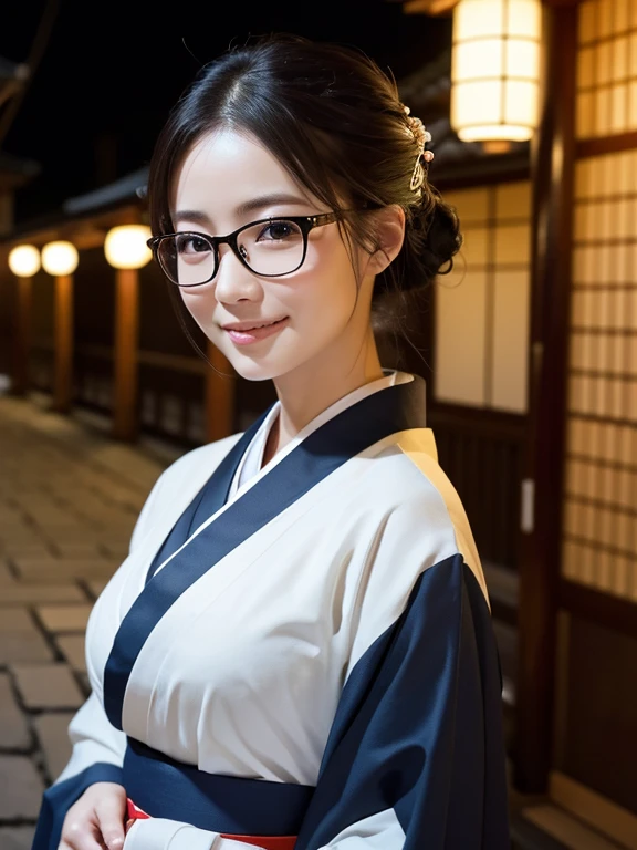 (Super beautiful woman in kimono)、((highest quality、8K masterpiece:1.3))、sharp focus:1.2、(super beautiful face:1.0)、(shiny skin:1.0)、realistic pictures、black hair、video lighting、High resolution eyes and face、video lighting、japanese actress、from the front、big breasts、with a happy smile、Slender abs beauty、whole body、wearing a kimono、in Kyoto、luxury obi、In Kyoto at night、wearing glasses with no edge