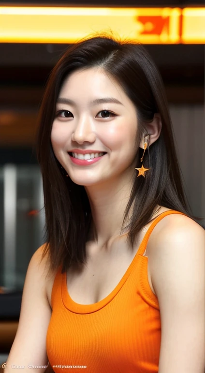 realistic photos of (1 cute Korean star) Shoulder-length hair, thin makeup, medium breasts size, slightly smile, orange tank top, in grill bar, close up, playing bass, clear facial features of Canon EOS, 16k, masterpiece, high resolution, sharp and realistic details.