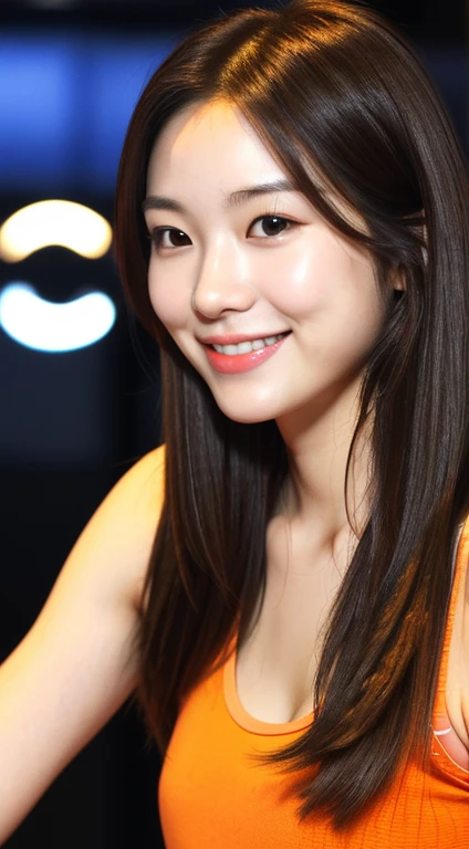 realistic photos of (1 cute Korean star) Shoulder-length hair, thin makeup, medium breasts size, slightly smile, orange tank top, in grill bar, close up, playing bass, clear facial features of Canon EOS, 16k, masterpiece, high resolution, sharp and realistic details.