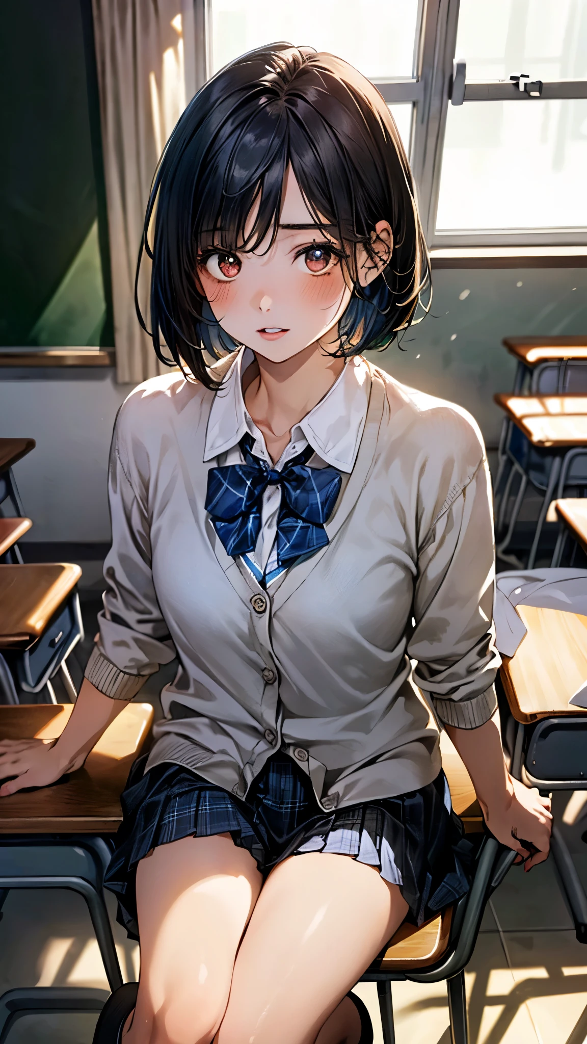(masterpiece:1.3, top-quality, ultra high res, ultra detailed), (realistic, photorealistic:1.4), beautiful illustration, perfect lighting, natural lighting, colorful, depth of fields, ,
beautiful detailed hair, beautiful detailed face, beautiful detailed eyes, beautiful clavicle, beautiful body, beautiful chest, beautiful thigh, beautiful legs, beautiful fingers, shiny skin,
looking at viewer, 1 girl, high school girl, (perfect anatomy, anatomically correct, super detailed skin), cute and symmetrical face, babyface, perfect face, perfect eyes, slender,
(short hair, bob cut, black hair), swept bangs, bangs, brown eyes, big eyes, drooping eyes, long eye lasher, (medium breasts, seductive thighs),
(light blown cardigan, blue private school uniform:1.2, light blue collared shirt, blue plaid pleated skirt, blue bow tie), black socks,
(beautiful scenery), morning, (classroom:1.2), school desk, sitting school chair, (surprised, parted lips),