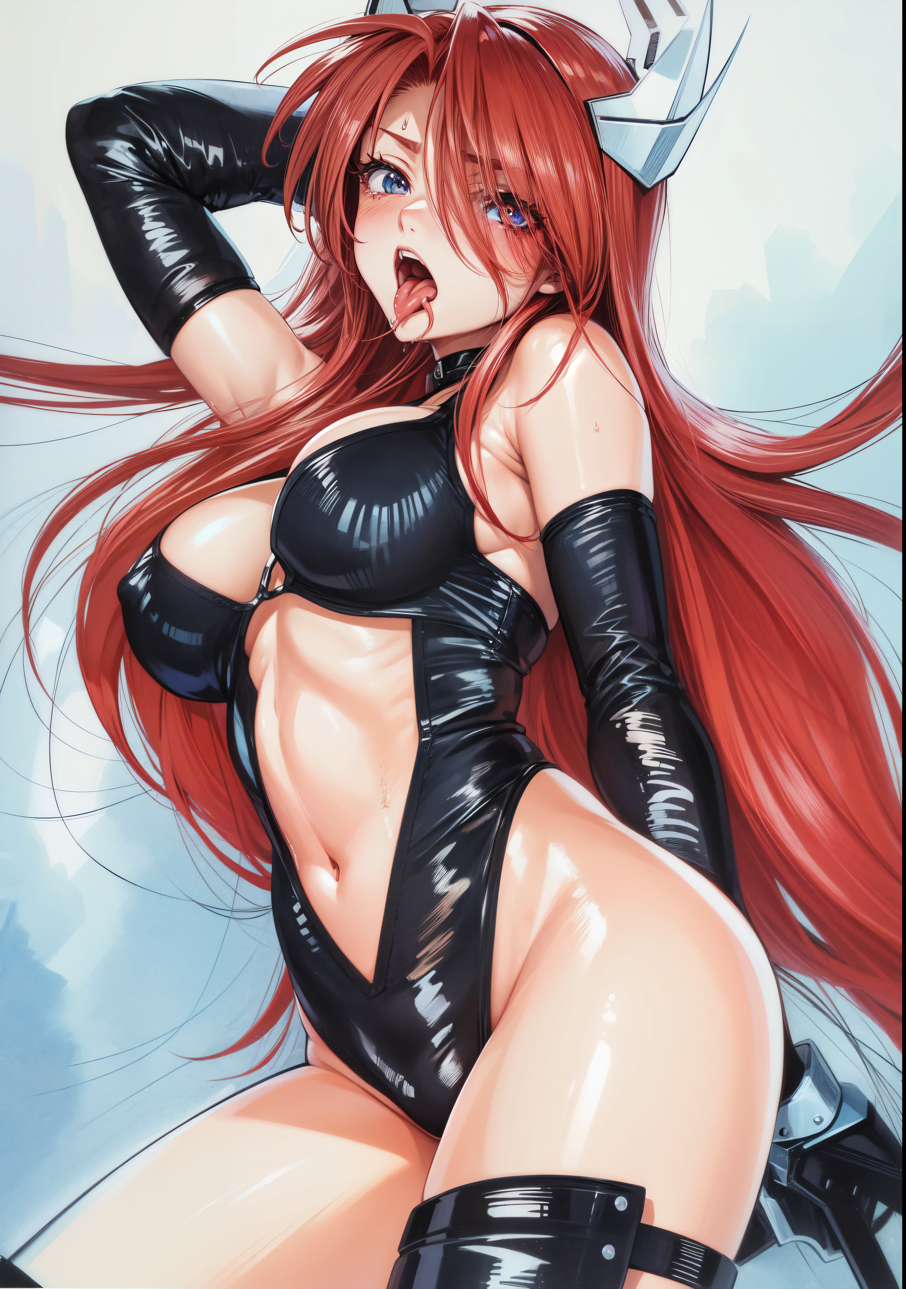 Female Combatant、Red haired Japanese girl、Close-up of a girl in a black leotard、Red shiny leotard、Black boots、Fishnet tights、Saiyan Girl, wonderful, Nano Girl, Female body type, Inspired by Hiromu Arakawa, Anime Manga Robot!! Anime Girls, Fubuki, Full Body Suit, by Hiromu Arakawa、wonderful, silk, Beautiful and attractive anime , Anime Girls of the future, tears,Drooling,Pee,Sweat,Tongue out,incontinence,Peeing、Estrs wide open,Estrus,BluNipples are erecis hot、Lust、tinence、Armpit Haibic hair、Anguished expression、Doomsday Demon