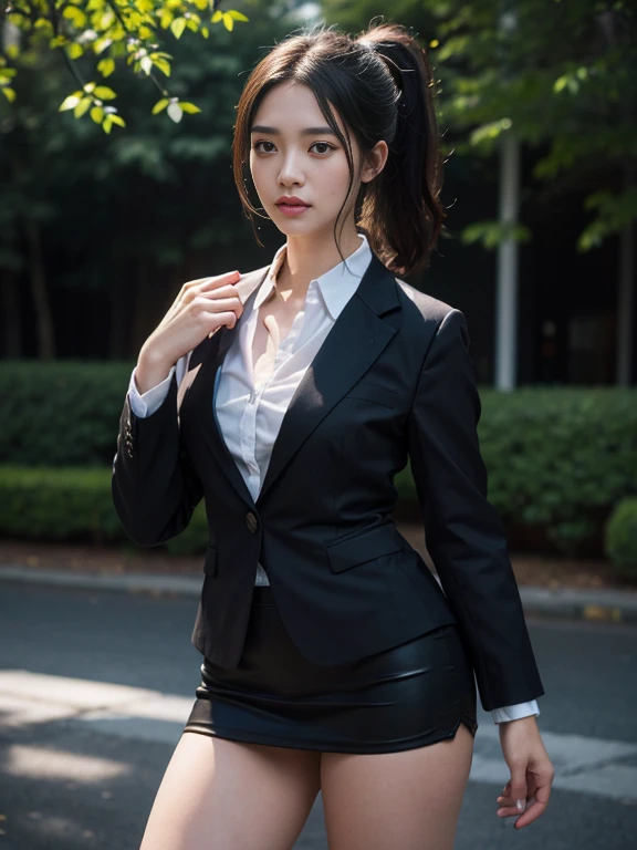 A young woman, 17 years old, with a ponytail, in black business suit, short tight skirt,cposing, (best quality,4k,8k,highres,masterpiece:1.2),ultra-detailed,(realistic,photorealistic,photo-realistic:1.37),HDR,UHD,studio lighting,ultra-fine painting,sharp focus,physically-based rendering,extreme detail description,professional,vivid colors,bokeh,photographic,realistic portrait