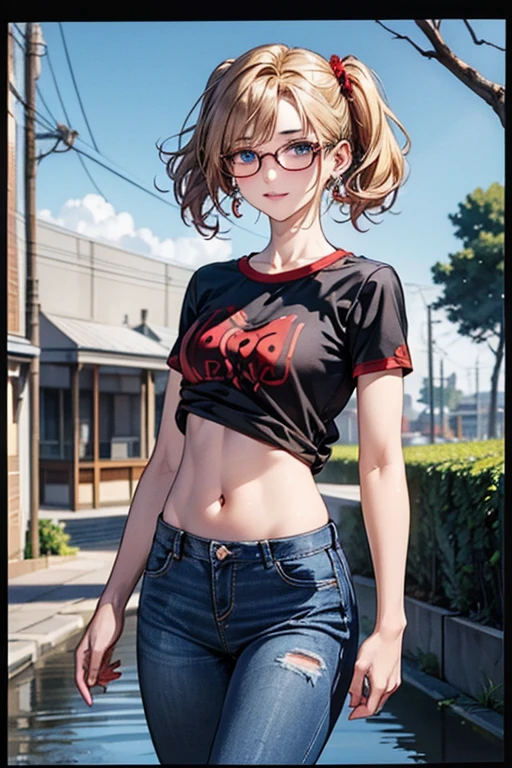 #Basics A girl is posing for a photo, animeのかわいい女の子, (((One Girl, Baby Face, 16 years old))),
BREAK
#Clothing Accessories
((red on black)T-shirt 1.4 + Blue denim skinny pants:1.4 + (Red on white)Flashy sneakers:1.4 + Large black frame glasses:1.4),
((Golden hoop earrings)),
BREAK
#Features
(Blonde:1.4, Chest-length sideburns, Twin tails : Hair blowing in the wind + Short Hair + Curly hair + Red scrunchie),
(Droopy eyes,blue eyes), (Small breasts),
BREAK
#expression
(smile),
#background environment
((noon:1.4 + Residential road after the rain:1.4 + (puddle + The sunlight is shining on the water surface) + Rainbow in the sky)),
#composition
(Face the viewer:1.4, from the front:1.4, Walking:1.4, Cowboy Shot:1.4),
BREAK
#Body parts elements
(Beautiful Hair,Shiny Hair),
(double eyelid, Long eyelashes),
(Expression of fine eyes, Beautiful and delicate eyes, Sparkling eyes, Eye Reflexes),
(Human Ear),
(Beautiful Nose, Thin Nose),
(Glossy lips, Beautiful Lips, Thick lips), (Symmetrical facial features),
(Detailed skin, Textured skin, Beautiful Skin),
BREAK
#Quality
(((highest quality)), ((masterpiece)), ((Very detailed))), ((High resolution), (16k,1080p)),
(Realistic), (Anatomically correct),
((comics, anime)), (3DCG), CG illustration,