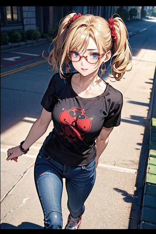 #Basics A girl is posing for a photo, animeのかわいい女の子, (((One Girl, Baby Face, 16 years old))), 
BREAK 

#Clothing Accessories 
((red on black)T-shirt 1.4 + Blue denim skinny pants:1.4 + (Red on white)Flashy sneakers:1.4  + Large black frame glasses:1.4), 
((Golden hoop earrings)), 
BREAK 

#Features 
(Blonde:1.4, Chest-length sideburns, Twin tails : Hair blowing in the wind + Short Hair + Curly hair + Red scrunchie), 
(Droopy eyes,blue eyes), (Small breasts), 
BREAK 

#expression 
(smile), 
#background environment 
((noon:1.4 + Residential road after the rain:1.4 + (puddle + The sunlight is shining on the water surface) + Rainbow in the sky)), 
#composition 
(Face the viewer:1.4, from the front:1.4, Walking:1.4, Cowboy Shot:1.4), 
BREAK 

#Body parts elements 
(Beautiful Hair,Shiny Hair), 
(double eyelid, Long eyelashes), 
(Expression of fine eyes, Beautiful and delicate eyes, Sparkling eyes, Eye Reflexes), 
(Human Ear), 
(Beautiful Nose, Thin Nose), 
(Glossy lips, Beautiful Lips, Thick lips), (Symmetrical facial features), 
(Detailed skin, Textured skin, Beautiful Skin), 
BREAK 

#Quality 
(((highest quality)), ((masterpiece)), ((Very detailed))), ((High resolution), (16k,1080p)), 
(Realistic), (Anatomically correct), 
((comics, anime)), (3DCG), CG illustration,
