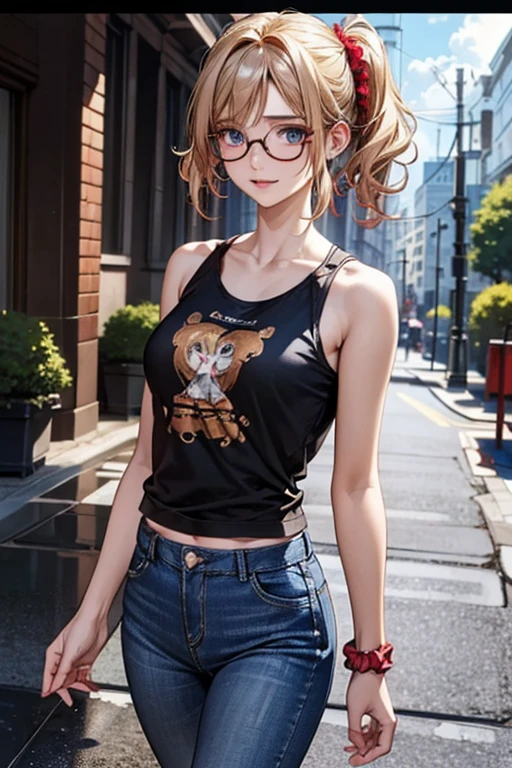 #Basics A girl is posing for a photo, animeのかわいい女の子, (((One Girl, Baby Face, ))),
BREAK
#Clothing Accessories
((red on black)T-shirt 1.4 + Blue denim skinny pants:1.4 + (Red on white)Flashy sneakers:1.4 + Large black frame glasses:1.4),
((Golden hoop earrings)),
BREAK
#Features
(Blonde:1.4, Chest-length sideburns, Twin tails : Hair blowing in the wind + Short Hair + Curly hair + Red scrunchie),
(Droopy eyes,blue eyes), (Small breasts),
BREAK
#expression
(smile),
#background environment
((noon:1.4 + Residential road after the rain:1.4 + (puddle + The sunlight is shining on the water surface) + Rainbow in the sky)),
#composition
(Face the viewer:1.4, from the front:1.4, Walking:1.4, Cowboy Shot:1.4),
BREAK
#Body parts elements
(Beautiful Hair,Shiny Hair),
(double eyelid, Long eyelashes),
(Expression of fine eyes, Beautiful and delicate eyes, Sparkling eyes, Eye Reflexes),
(Human Ear),
(Beautiful Nose, Thin Nose),
(Glossy lips, Beautiful Lips, Thick lips), (Symmetrical facial features),
(Detailed skin, Textured skin, Beautiful Skin),
BREAK
#Quality
(((highest quality)), ((masterpiece)), ((Very detailed))), ((High resolution), (16k,1080p)),
(Realistic), (Anatomically correct),
((comics, anime)), (3DCG), CG illustration,