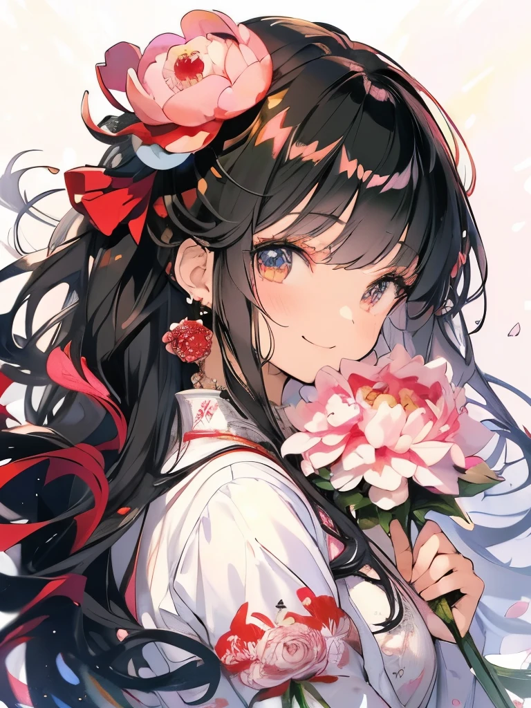 Masterpiece、smile、Anime Girls、Black Hair、Long Hair、可愛いAnime Girls、smile、(((Red peony)))、lots of peonies、Upper Body、Fractal Art、Gwaiz、Flower Garden