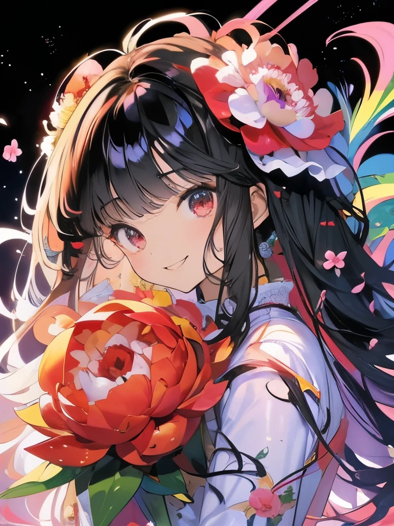 Masterpiece、smile、Anime Girls、Black Hair、Long Hair、可愛いAnime Girls、smile、(((Red peony)))、lots of peonies、Upper Body、Fractal Art、Gwaiz、Flower Garden