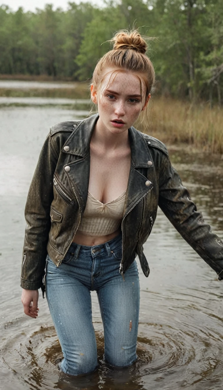   girl, drowning in a swamp, drowning, sinking, long messy loose bun, freckles, wearing jeans, faded leather biker jacket, pale skin, lifeless expression, dry-humping