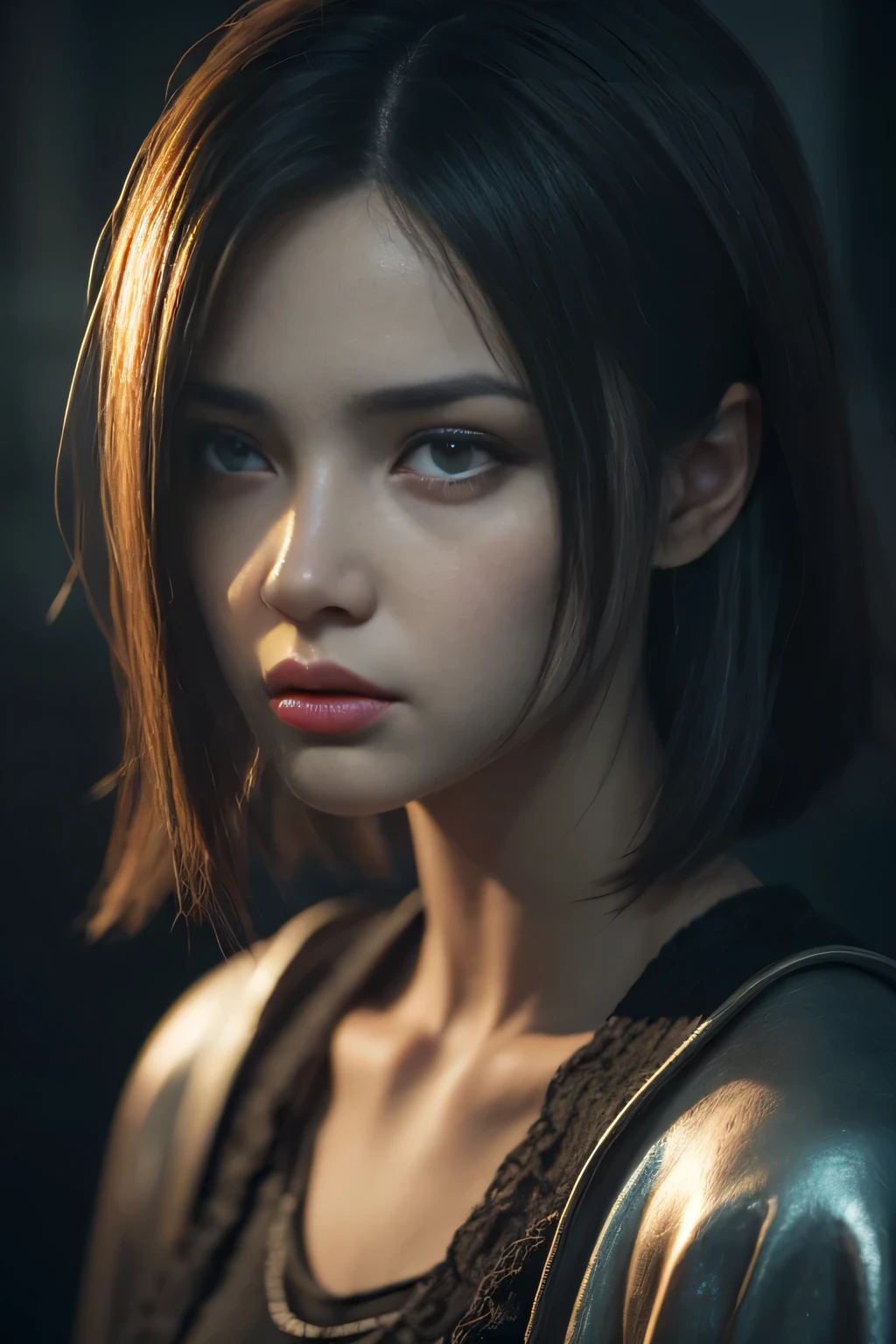 a disgusted girl,1girl,detailed face,beautiful detailed eyes,beautiful detailed lips,highly detailed portrait,octane render,cinematic lighting,dramatic shadows,moody atmosphere,surreal,dark fantasy,muted colors