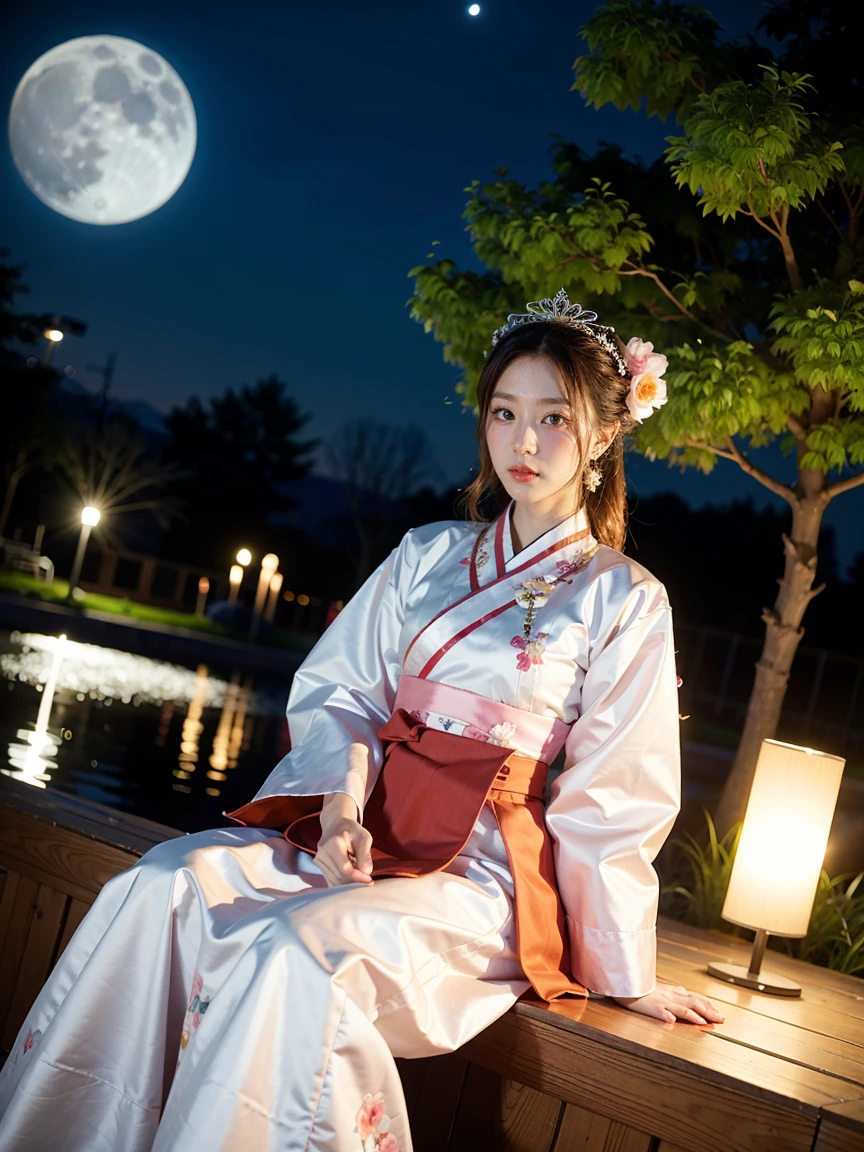best quality, high_resolution, distinct_image, detailed background ,girl, hanbok,flower,garden,moon, night,dutch angle, wide shot, crown,