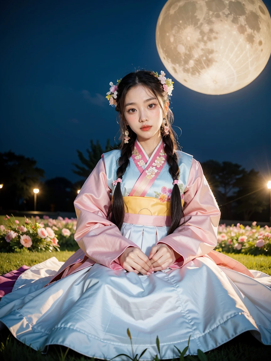 best quality, high_resolution, distinct_image, detailed background ,girl, hanbok,flower,garden,moon, night,dutch angle, wide shot, crown, 