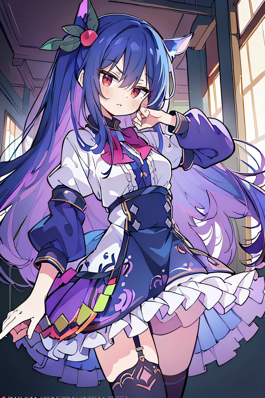 (best quality:1.3), (masterpiece:1.3), (illustration:1.3), (ultra-detailed:1.3), (imid shot:0.9), 1girl, medium breasts, purple eyes, (((dark blue hair))), hair ornaments, young, outfit-gladiia, long hair, dark blue hair, indoors, black shorts, thigh-highs, low ponytail, expressionless, upper body, close up, coat, skirt,