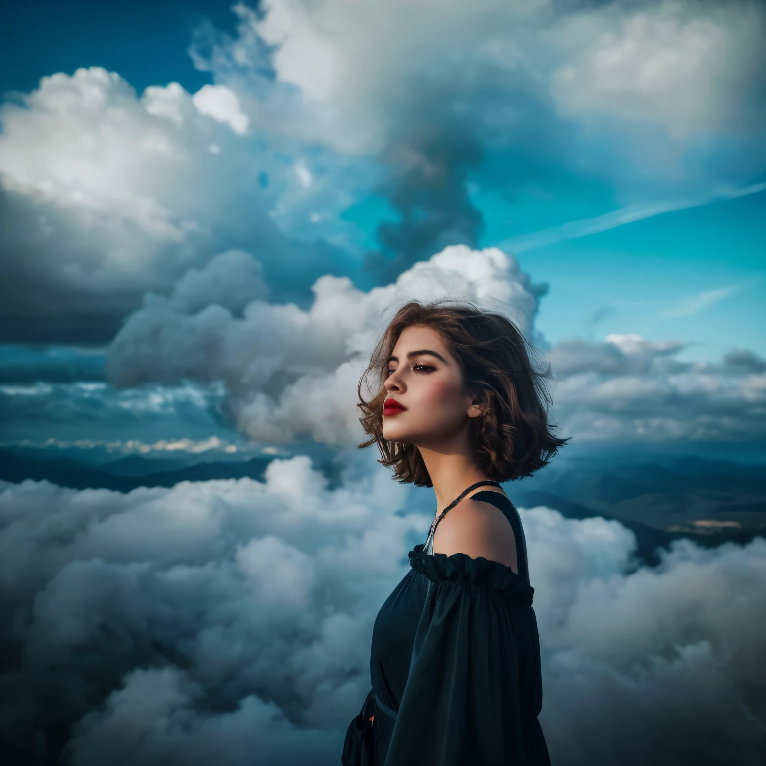 there is a woman with a flower in her hair and a cloud in her face, monia merlo, in clouds of smoke, inspired by Elsa Bleda, by irakli nadar, beautiful surreal portrait, inspired by Oleg Oprisco, girl clouds, floating in smoke, cloud goddess, inspired by irakli nadar, surreal portrait photography, atmospheric portrait