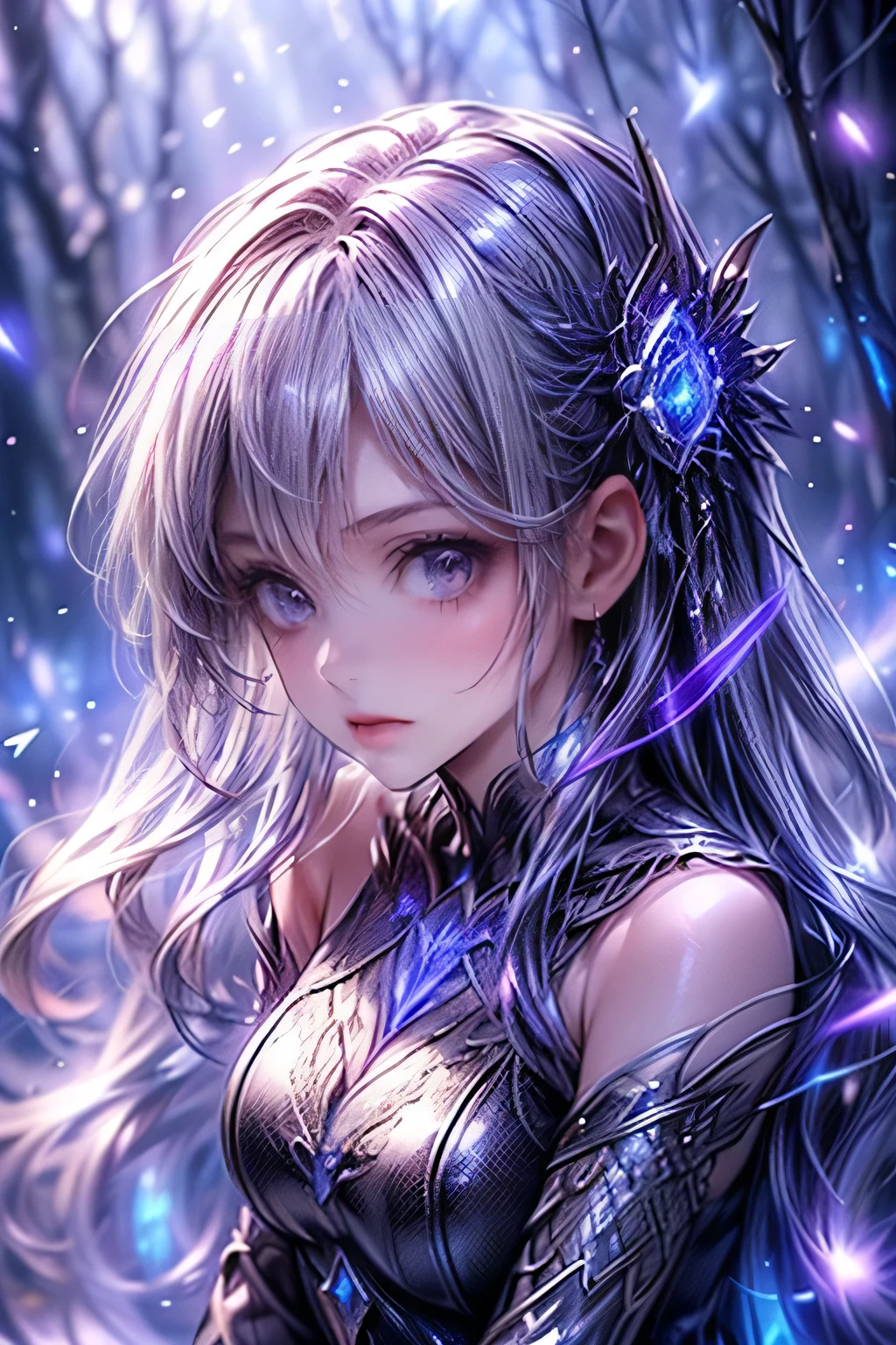gothic style, Fantasic Illustration, Masterpiece: 1.2, Highest Quality, Highres, 16k, Beautiful Detailed, Ultra-Realistic, Photo Realistic: 1.37, Beautiful Cute witch girl with a magic wand, kneeling in the center of the magic circle and chanting a spell, growing eyes, shining pupils, blushed cheek, shiny rosy lips, wearing magic garment bare shoulder, delicate beautiful (hair, face, eyes, pupils, long eyelash, magic circle), cinematic angle, magical fantasy, dark fantasy, dark gothic, dramatic lighting, dramatic background, cinematic atmosphere, intricate, digital art, concept art, sideview