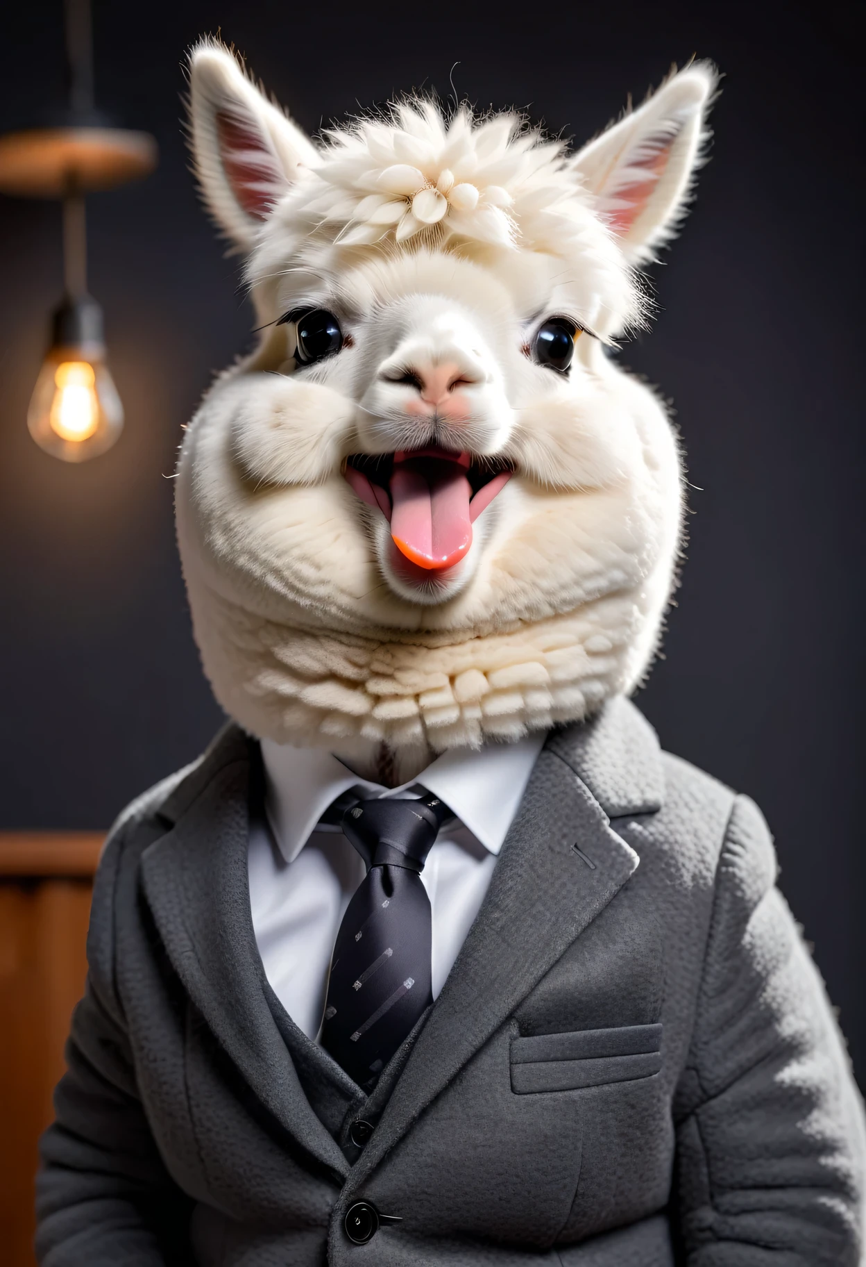face close up photo of anthropomorphic [fat] cute white alpaca,(furry), dressed in a dark gray suit, (sticking out tongue:1.5),(happy smile:1.5),(Innocent), roomlighting, Cinematic, hdr, primitive, Intricate, High quality, smoothing tones, Intricate details, Low contrast,(viewed from side:2.0), (looking at viewer:1.2), simple background